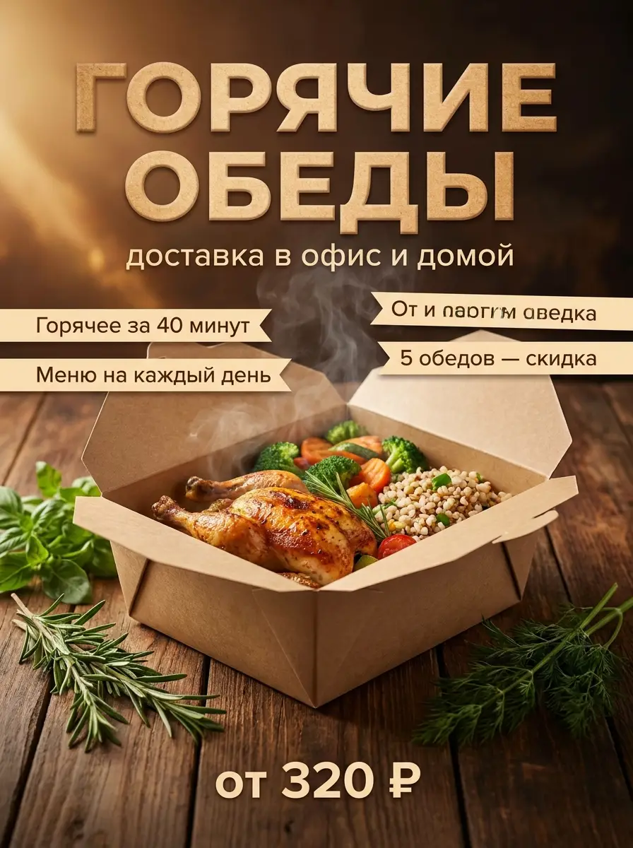 AI-карточка для Авито: Обеды — тёплый фуд-стайлинг