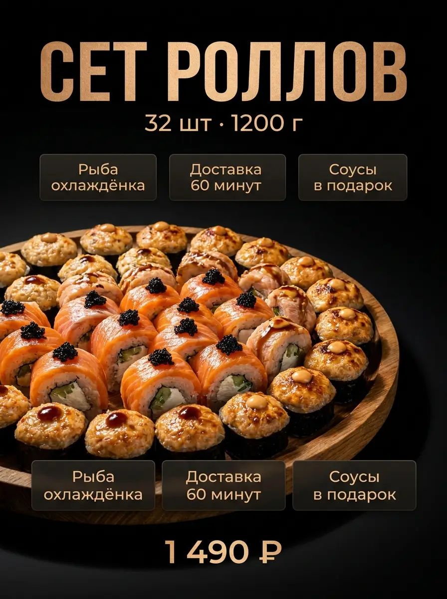 AI-карточка для Авито: Роллы — тёмный ресторанный