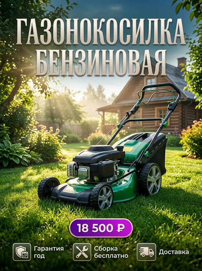 AI-карточка для Авито: Газонокосилка — зелёный участок
